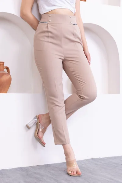 Cep Detaylı Yüksek Bel Kadın Pantolon 329-Açık Vizon
