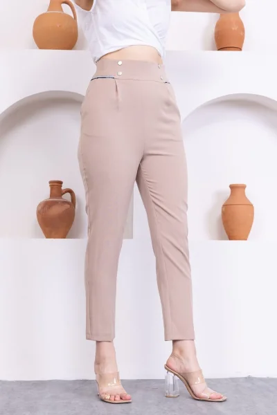 Cep Detaylı Yüksek Bel Kadın Pantolon 329-Açık Vizon