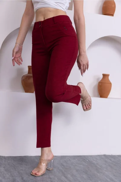 Cep Detaylı Bilek Boy Kadın Kumaş Pantolon 359-Bordo
