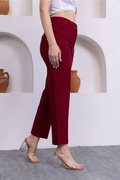 Cep Detaylı Bilek Boy Kadın Kumaş Pantolon 359-Bordo