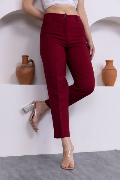 Cep Detaylı Bilek Boy Kadın Kumaş Pantolon 359-Bordo