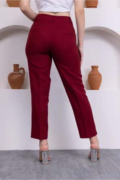 Cep Detaylı Bilek Boy Kadın Kumaş Pantolon 359-Bordo