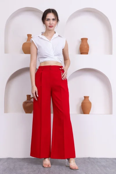 Aksesuar Detaylı Beli Lastikli Palazzo Pantolon 516-Kırmızı