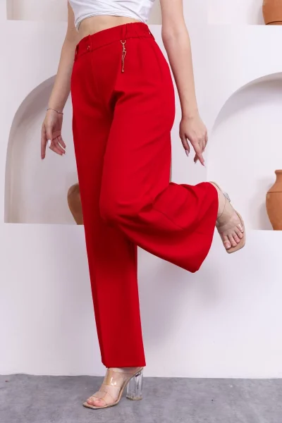 Aksesuar Detaylı Beli Lastikli Palazzo Pantolon 516-Kırmızı