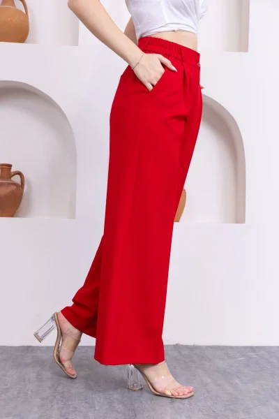 Aksesuar Detaylı Beli Lastikli Palazzo Pantolon 516-Kırmızı