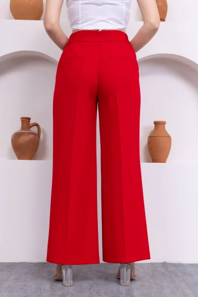 Aksesuar Detaylı Beli Lastikli Palazzo Pantolon 516-Kırmızı