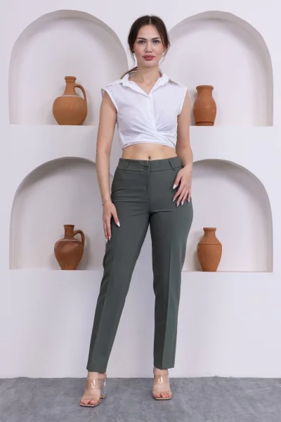Cep Detaylı Bilek Boy Kadın Kumaş Pantolon 3144-Haki