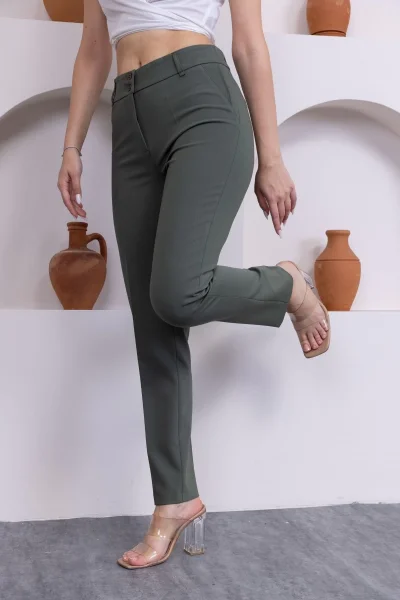 Cep Detaylı Bilek Boy Kadın Kumaş Pantolon 3144-Haki
