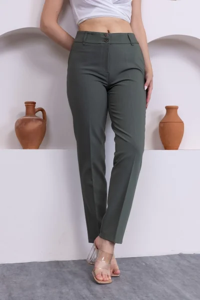 Cep Detaylı Bilek Boy Kadın Kumaş Pantolon 3144-Haki