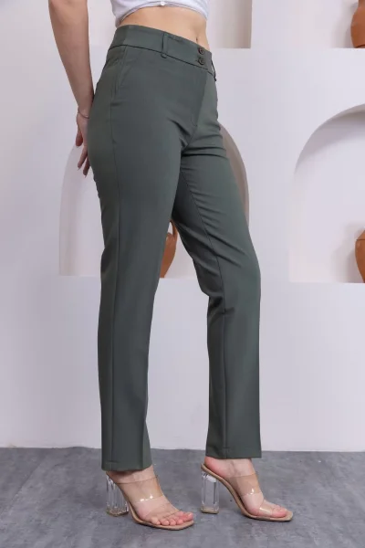 Cep Detaylı Bilek Boy Kadın Kumaş Pantolon 3144-Haki