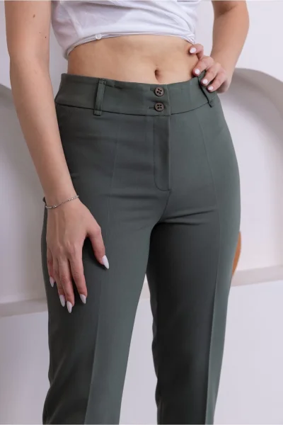 Cep Detaylı Bilek Boy Kadın Kumaş Pantolon 3144-Haki