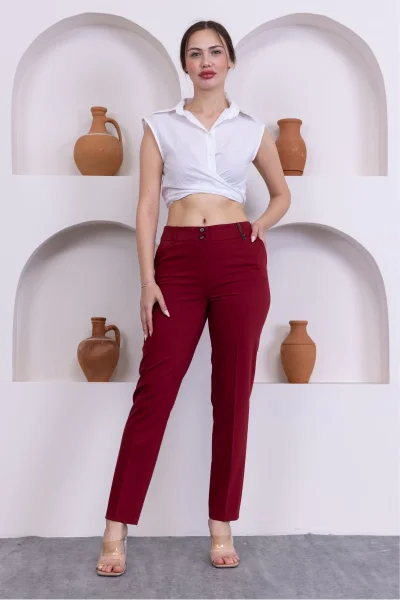 Deri Detaylı Cepli Bilek Boy Pantolon 3146-Bordo