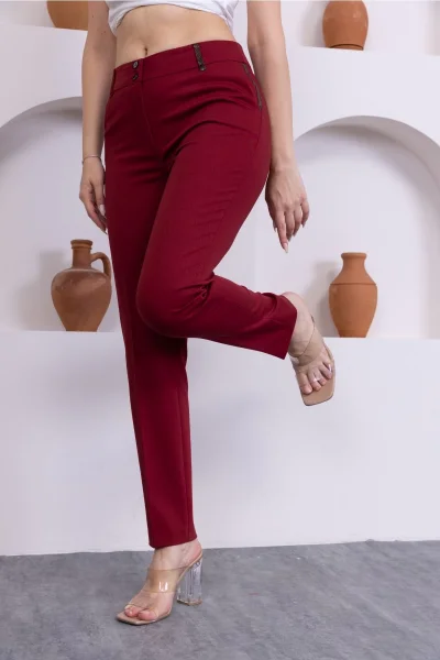 Deri Detaylı Cepli Bilek Boy Pantolon 3146-Bordo