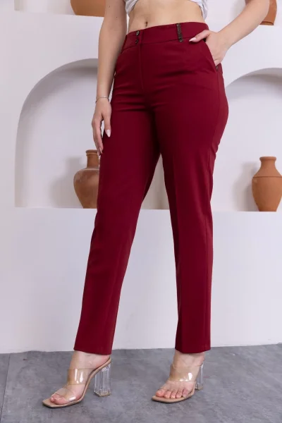 Deri Detaylı Cepli Bilek Boy Pantolon 3146-Bordo