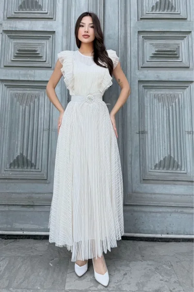 Straplez Yaka Omuz Fırfır Detaylı Kemerli Abiye Elbise 2282-Beyaz