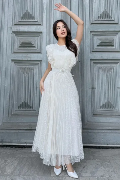 Straplez Yaka Omuz Fırfır Detaylı Kemerli Abiye Elbise 2282-Beyaz