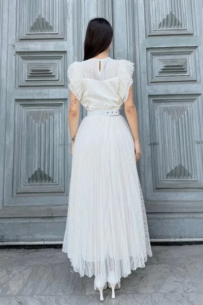 Straplez Yaka Omuz Fırfır Detaylı Kemerli Abiye Elbise 2282-Beyaz