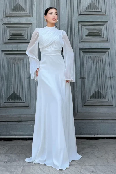 Göğüs Büzgü Detaylı Arkadan Bağlamalı Abiye Elbise 2287-Beyaz