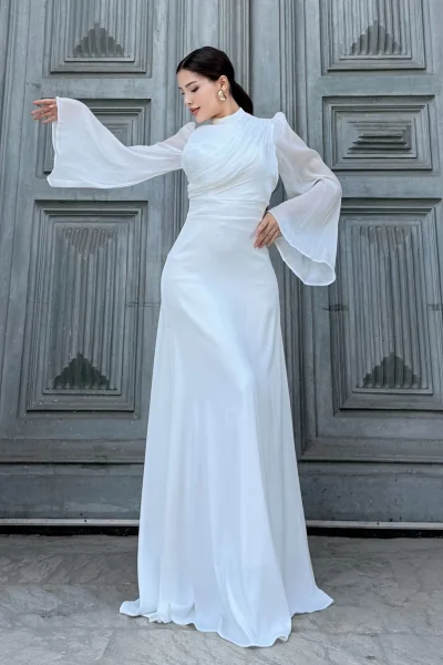 Göğüs Büzgü Detaylı Arkadan Bağlamalı Abiye Elbise 2287-Beyaz