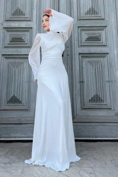 Göğüs Büzgü Detaylı Arkadan Bağlamalı Abiye Elbise 2287-Beyaz