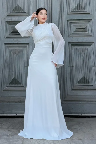 Göğüs Büzgü Detaylı Arkadan Bağlamalı Abiye Elbise 2287-Beyaz