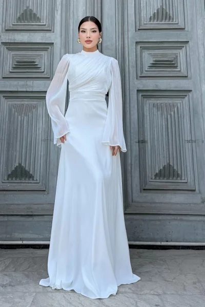 Göğüs Büzgü Detaylı Arkadan Bağlamalı Abiye Elbise 2287-Beyaz