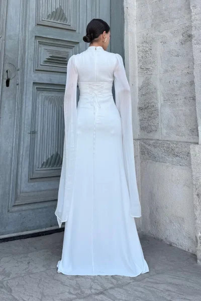 Göğüs Büzgü Detaylı Arkadan Bağlamalı Abiye Elbise 2287-Beyaz