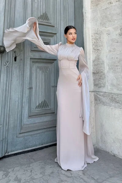 Bel Boncuk İşleme Detaylı Beden Ayarlı Abiye Elbise 2325-Bej