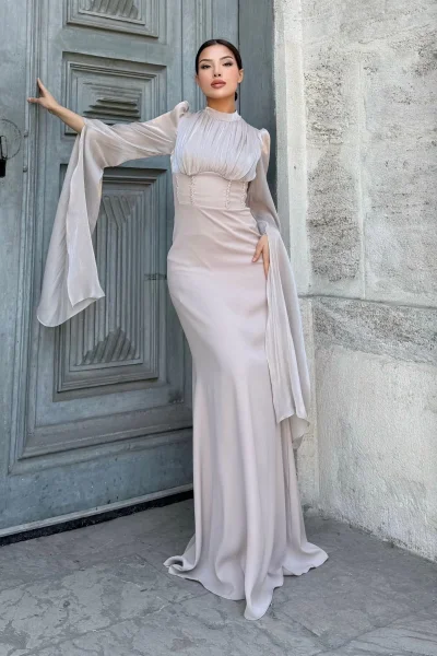 Bel Boncuk İşleme Detaylı Beden Ayarlı Abiye Elbise 2325-Bej