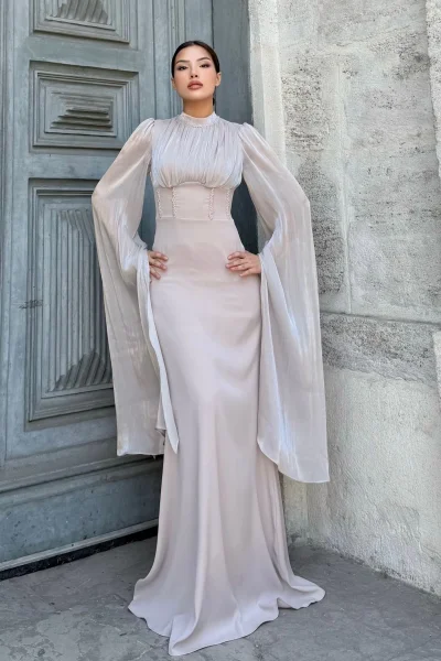 Bel Boncuk İşleme Detaylı Beden Ayarlı Abiye Elbise 2325-Bej