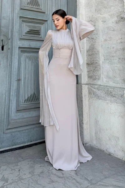 Bel Boncuk İşleme Detaylı Beden Ayarlı Abiye Elbise 2325-Bej