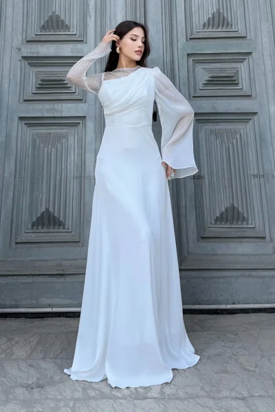 File Detaylı Abiye Elbise 2337-Beyaz