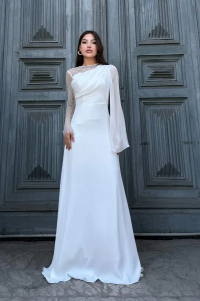 File Detaylı Abiye Elbise 2337-Beyaz