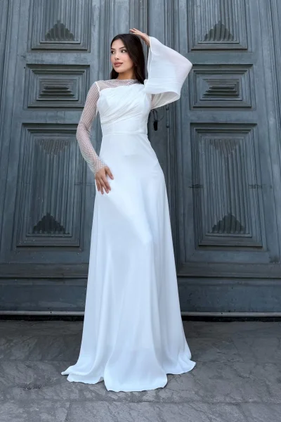 File Detaylı Abiye Elbise 2337-Beyaz