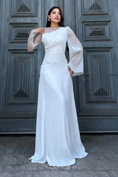 File Detaylı Abiye Elbise 2337-Beyaz