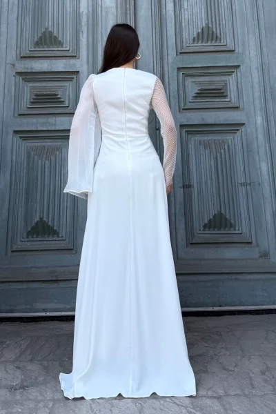 File Detaylı Abiye Elbise 2337-Beyaz