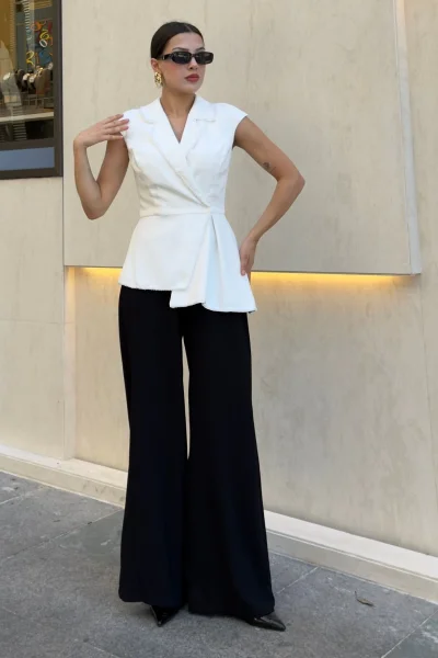 Boncuk İşleme Detaylı Asimetrik Abiye Takım 2388-Siyah/Beyaz