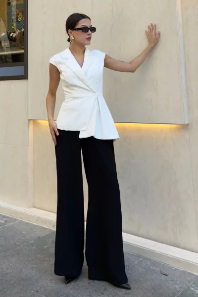 Boncuk İşleme Detaylı Asimetrik Abiye Takım 2388-Siyah/Beyaz