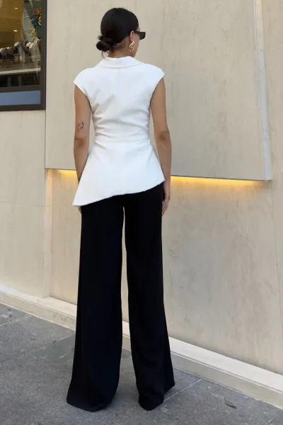 Boncuk İşleme Detaylı Asimetrik Abiye Takım 2388-Siyah/Beyaz