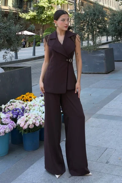 Omuz İşleme Detaylı Asimetrik Abiye Takım 2389-Kahverengi