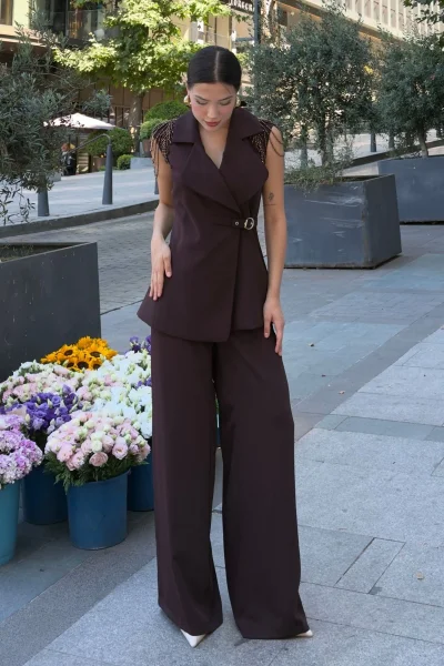 Omuz İşleme Detaylı Asimetrik Abiye Takım 2389-Kahverengi