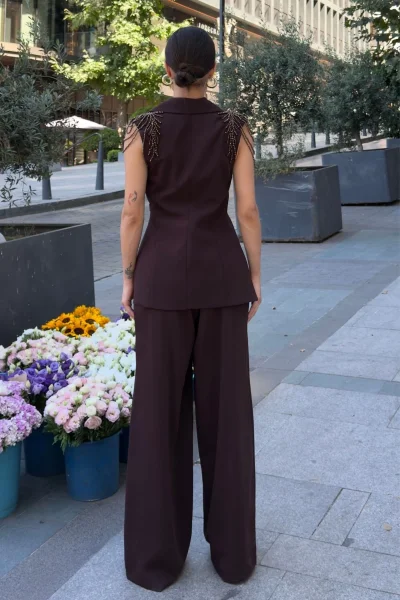 Omuz İşleme Detaylı Asimetrik Abiye Takım 2389-Kahverengi