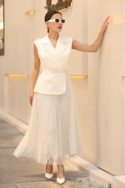 Eteği Piliseli Kemerli Abiye Elbise 2390-Beyaz