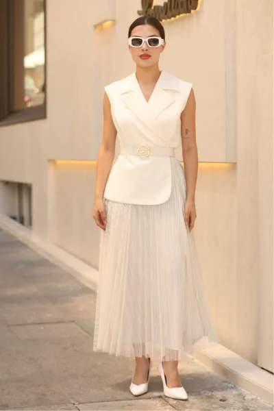 Eteği Piliseli Kemerli Abiye Elbise 2390-Beyaz