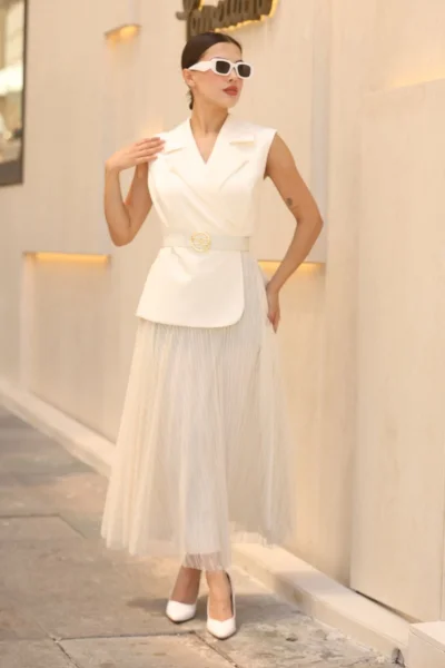 Eteği Piliseli Kemerli Abiye Elbise 2390-Beyaz