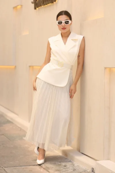 Eteği Piliseli Kemerli Abiye Elbise 2390-Beyaz