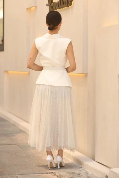 Eteği Piliseli Kemerli Abiye Elbise 2390-Beyaz