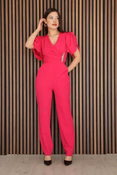 Pile ve Taş Detaylı V Yaka Tulum 2190-Fuşya