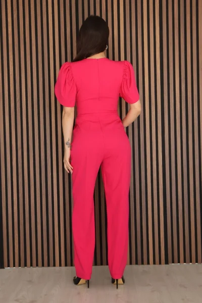 Pile ve Taş Detaylı V Yaka Tulum 2190-Fuşya