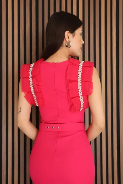 Tül ve Taş Detaylı Kemerli Midi Elbise 2248-Fuşya